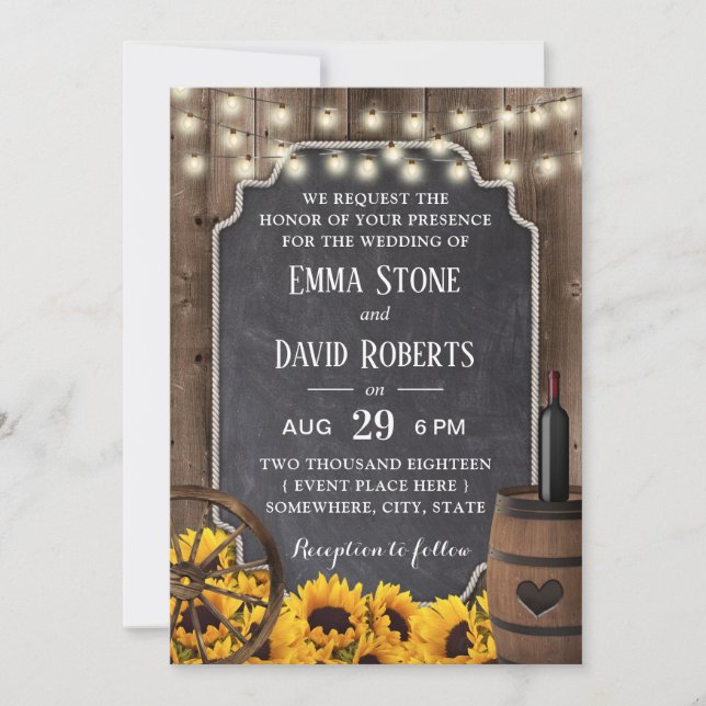 Invitación Country Sunflowers Rústica Wood Wine Barrel Boda (Anverso)