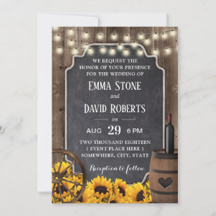 Invitación Country Sunflowers Rústica Wood Wine Barrel Boda