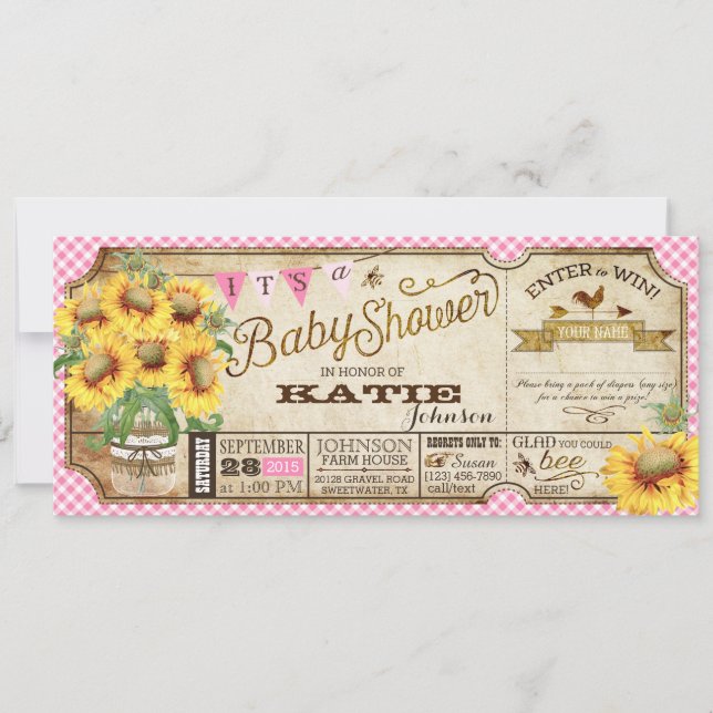 Invitación Country Sunflowers y Gingham Check Baby Shower (Anverso)