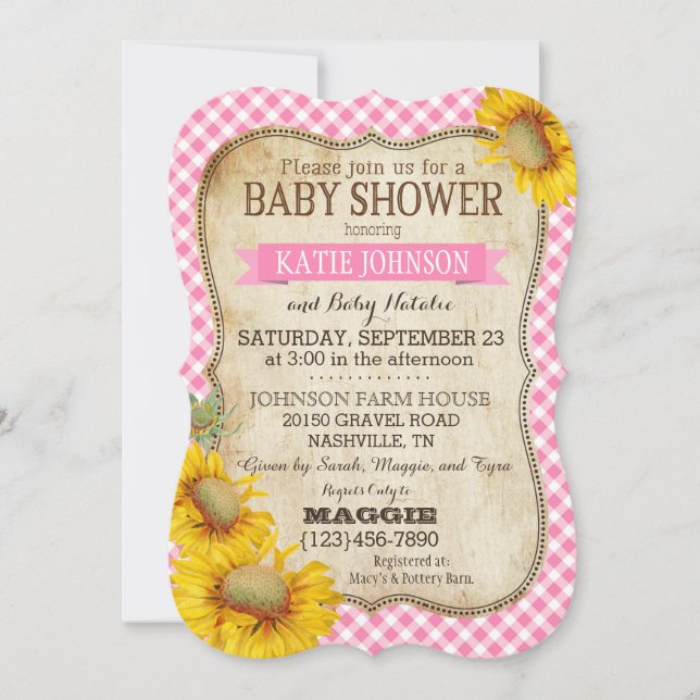 Invitación Country Sunflowers y Gingham Check Baby Shower (Anverso)