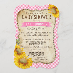 Invitación Country Sunflowers y Gingham Check Baby Shower