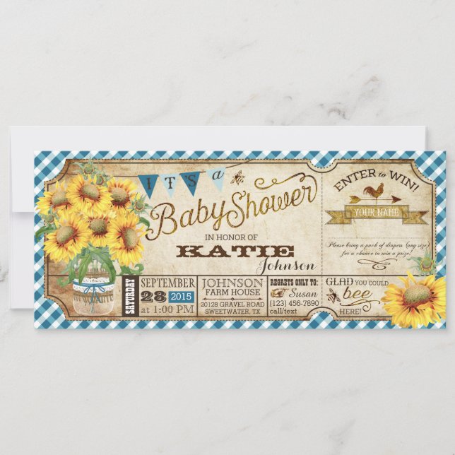 Invitación Country Sunflowers y Gingham Check Baby Shower (Anverso)