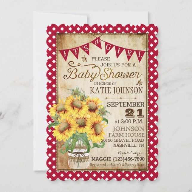 Invitación Country Sunflowers y Gingham Check Baby Shower (Anverso)