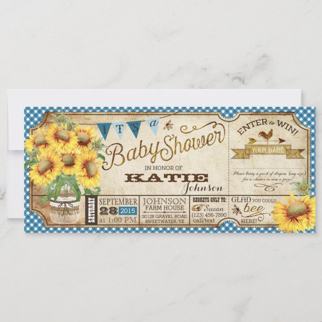 Invitación Country Sunflowers y Gingham Check Baby Shower (Anverso)