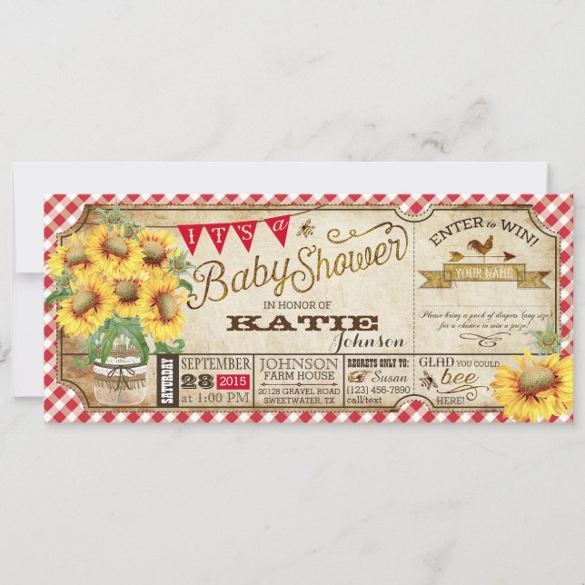 Invitación Country Sunflowers y Gingham Check Baby Shower (Anverso)