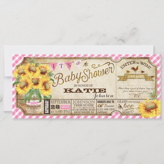 Invitación Country Sunflowers y Gingham Check Baby Shower (Anverso)