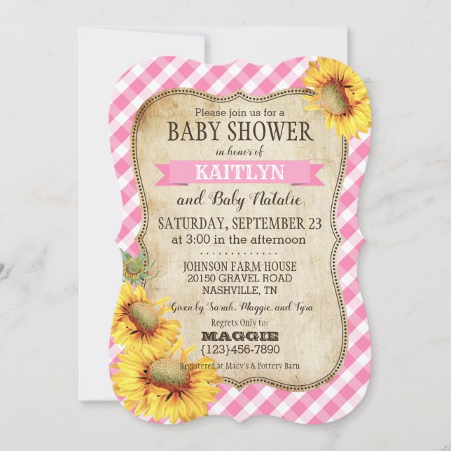 Invitación Country Sunflowers y Gingham Check Baby Shower (Anverso)
