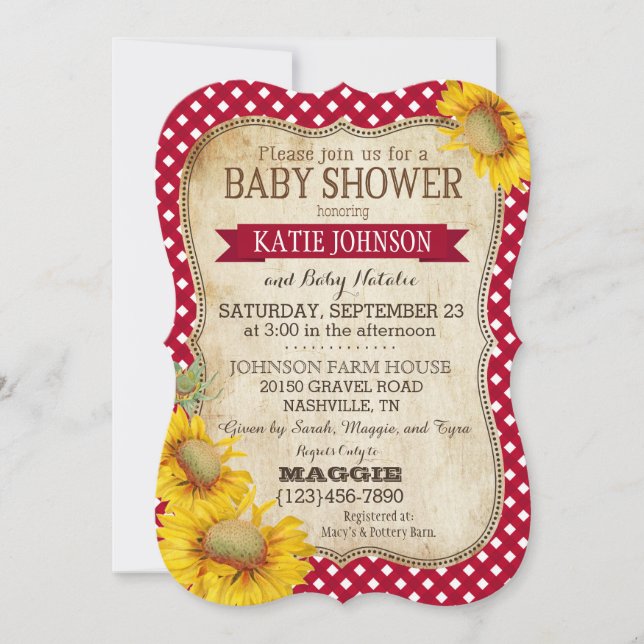 Invitación Country Sunflowers y Gingham Check Baby Shower (Anverso)