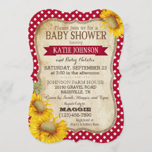 Invitación Country Sunflowers y Gingham Check Baby Shower