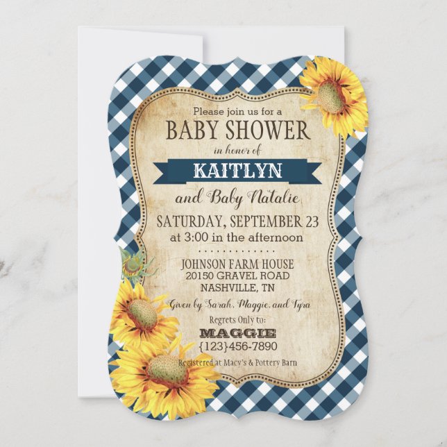 Invitación Country Sunflowers y Gingham Check Baby Shower (Anverso)