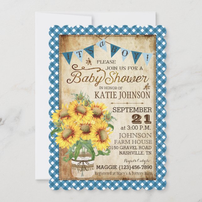 Invitación Country Sunflowers y Gingham Check Baby Shower (Anverso)