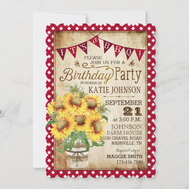 Invitación Country Sunflowers y Gingham Check Birthday (Anverso)