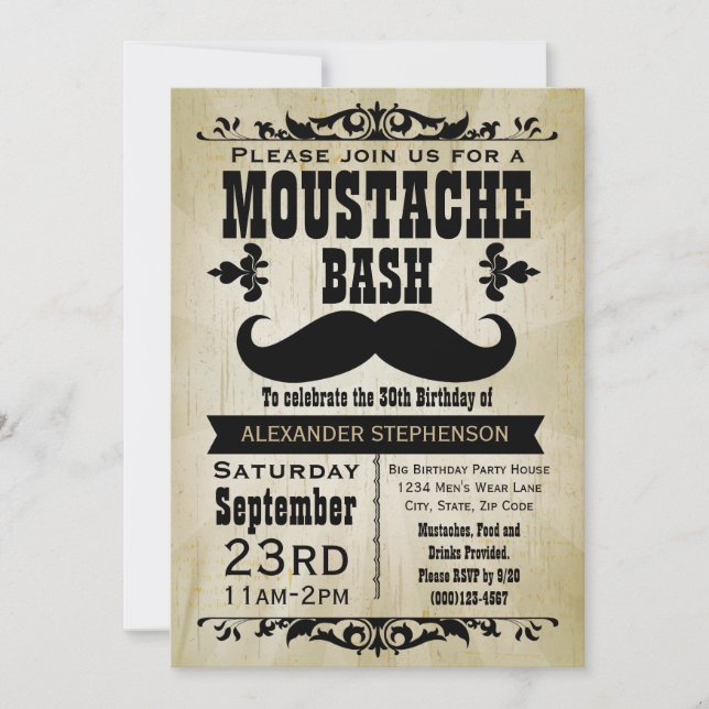 Invitación Country Vintage Mustache Bash Birday Party (Anverso)