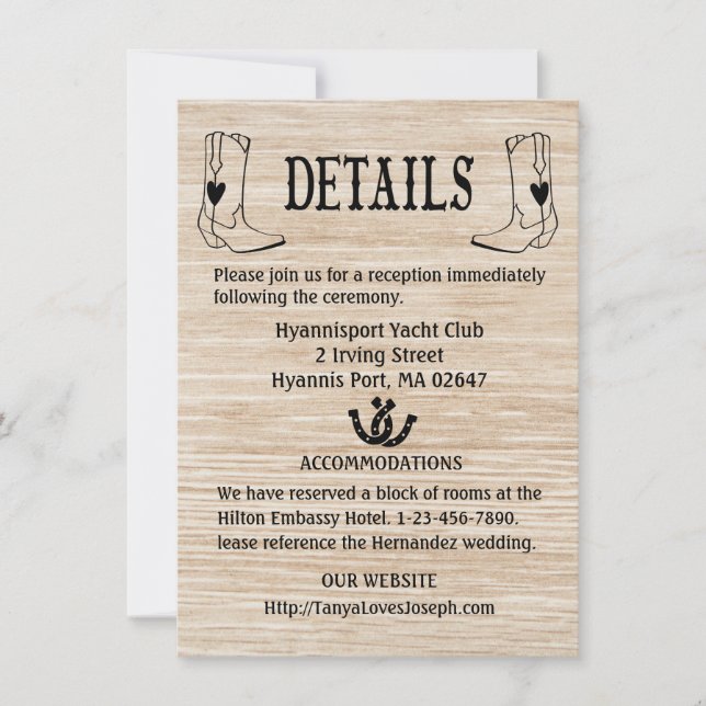 Invitación Country Wedding Details Wood Cowboy Boots Western (Anverso)