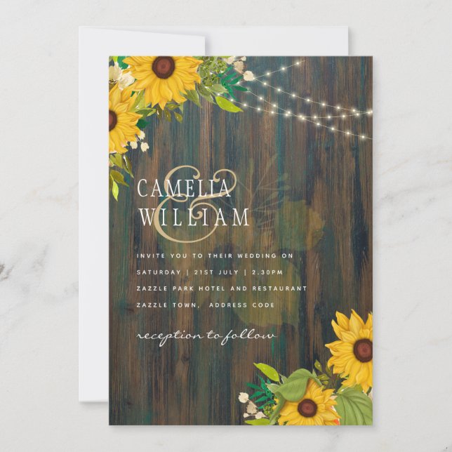 Invitación Country Wedding Rustic Wood Sunflowers Luces Inv (Anverso)