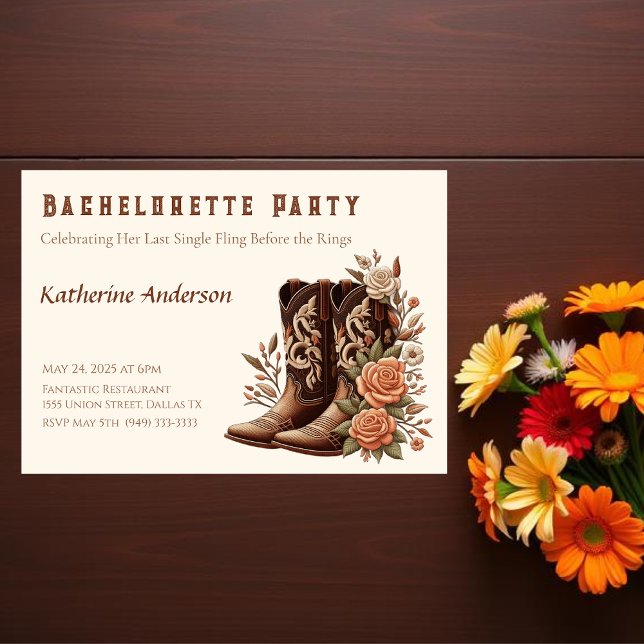 Invitación Country Western Bachelorette Party (Country Western-Flowers with Cowboy Boots-Bachelorette Party Invitation)