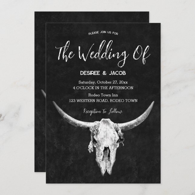 Invitación Country Western Black And White Bull Skull (Anverso / Reverso)
