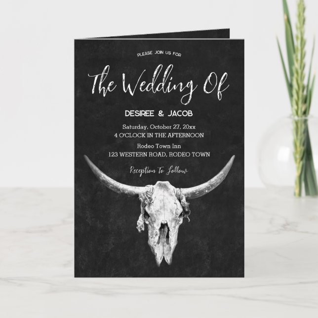 Invitación Country Western Black And White Bull Skull (Anverso)