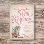 Invitación Country Western Boots 50 cumpleaños<br><div class="desc">¡Pon tus bocadillos para una gran noche de chicas con esta invitación de cumpleaños occidental de este país! Cuenta con un magnífico arranque de vaquera y flores, junto con caligrafía vintage. Perfecto para tu vaquera favorita o fanática de la música country en su cumpleaños número 50. ¡Solicite sus invitaciones impresas...</div>