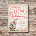 Invitación Country Western Boots 60 cumpleaños<br><div class="desc">¡Pon tus bocadillos para una gran noche de chicas con esta invitación de cumpleaños occidental de este país! Cuenta con un magnífico arranque de vaquera y flores, junto con caligrafía vintage. Perfecto para tu vaquera favorita o fanática de la música country en su cumpleaños número 60. ¡Solicite sus invitaciones impresas...</div>