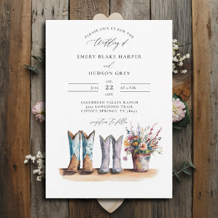Invitación Country Western Boots Wildflowers Boda Rústico