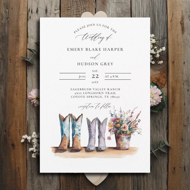 Invitación Country Western Boots Wildflowers Boda Rústico (country wedding invitation rustic western barn watercolor cowboy boots wildflowers calligraphy)