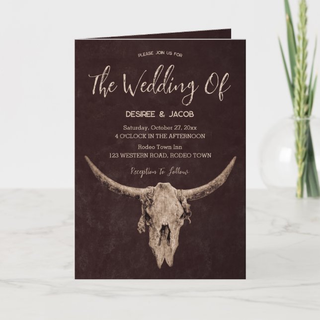 Invitación Country Western Brown Rustic Bull Skull (Anverso)
