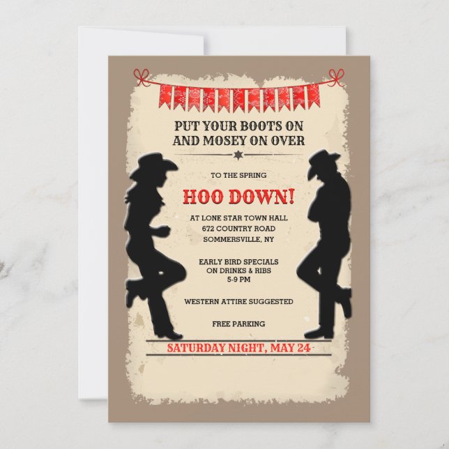 Invitación Country Western Hoedown Personalizada (Anverso)