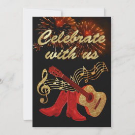 Invitación Country Western Music Guitar Y Red Cowboy Boots
