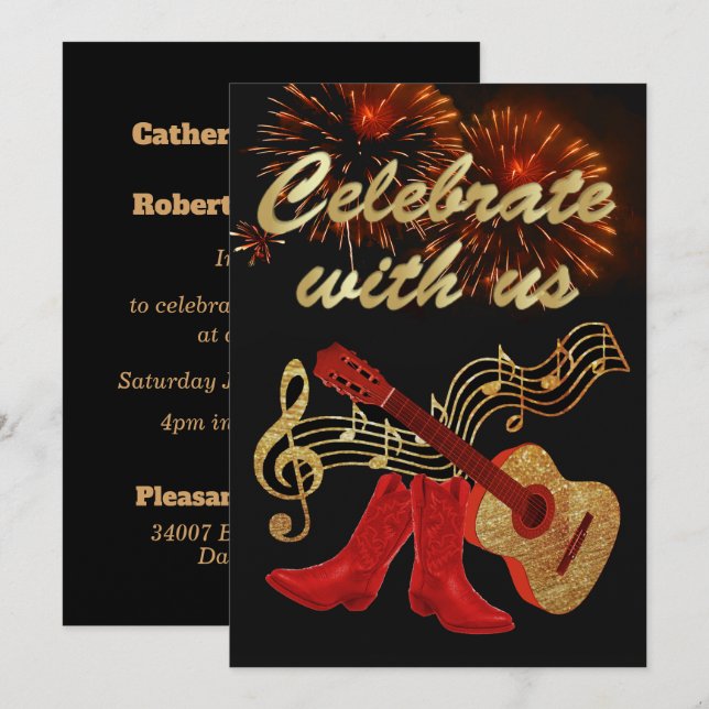 Invitación Country Western Music Guitar Y Red Cowboy Boots (Anverso / Reverso)