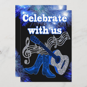 Invitación Country Western Music Guitarra Azul Y Bots De Cowb