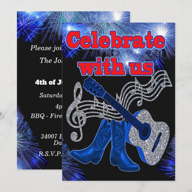 Invitación Country Western Music Guitarra Azul Y Bots De Cowb (Anverso / Reverso)