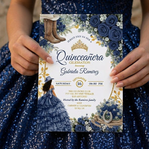 Invitación Country Western Navy Rosas Doradas Quinceañera