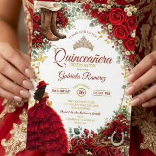 Invitación Country Western Rosas Rojas Doradas Quinceañera