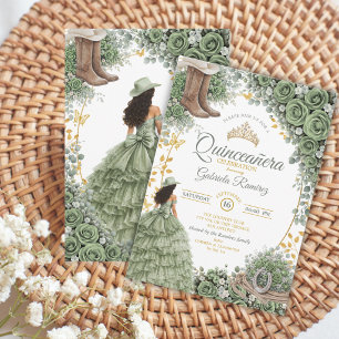 Invitación Country Western Salvia Verde Rosa Dorada Quinceañe