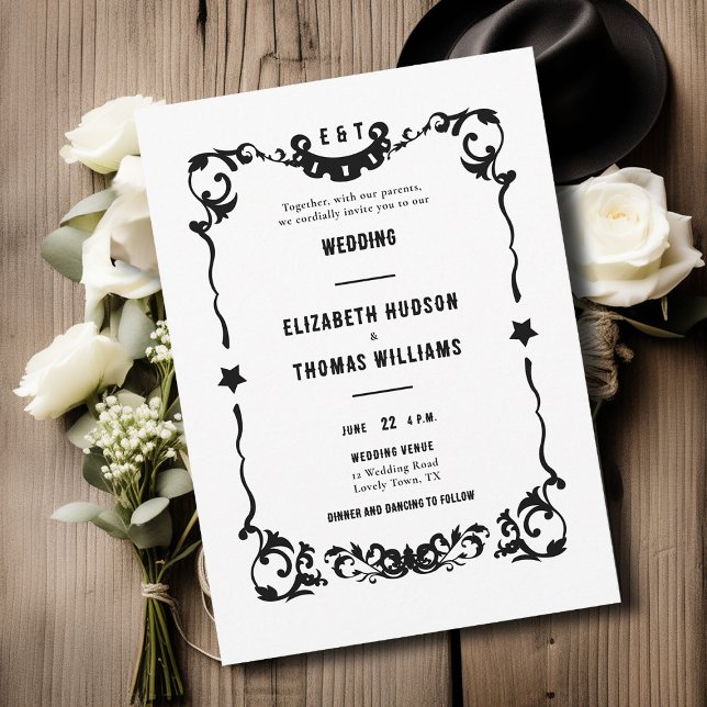 Invitación Country Western Stars Black White Boda formal (country western black white wedding invitation vintage frame elegant formal modern ranch barn rustic)