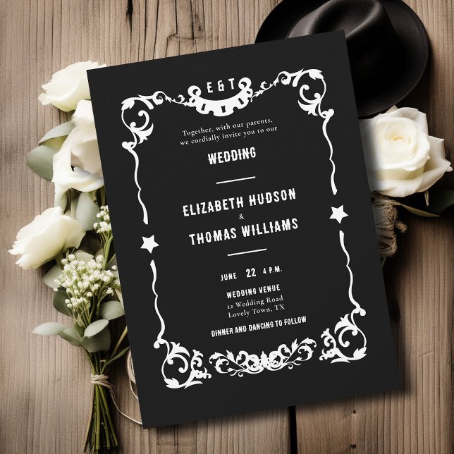 Invitación Country Western Stars Black White Formal 2 Boda (country western black white wedding invitation vintage frame elegant formal rustic ranch barn)