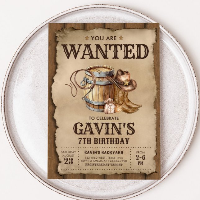 Invitación Country Western Wanted Cowboy Birday Party (Wanted Cowboy Country Western Birthday Party Invitation)