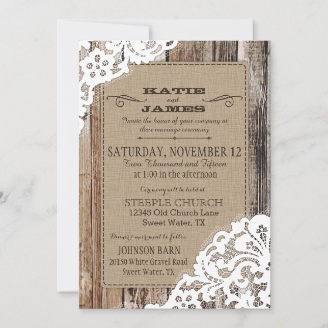 Invitación Country Western Wood Lace Rustic Boda (Anverso)