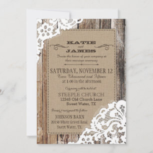 Invitación Country Western Wood Lace Rustic Boda