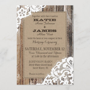 Invitación Country Western Wood Lace Rustic Boda