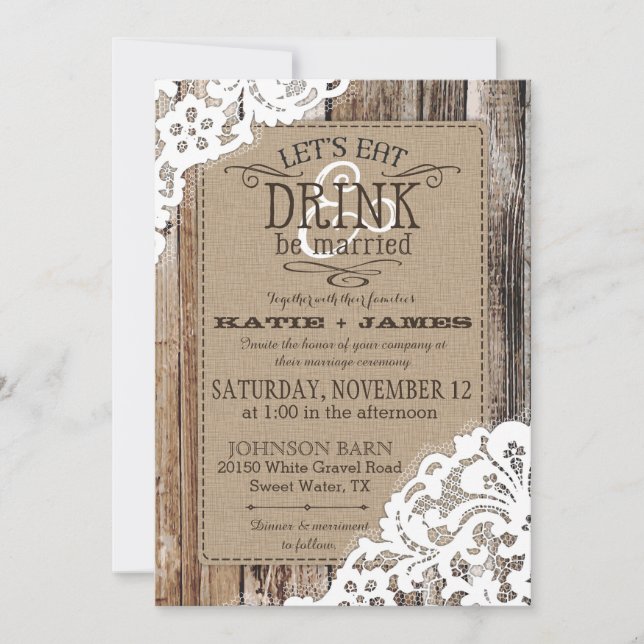 Invitación Country Western Wood Lace Rustic Boda (Anverso)