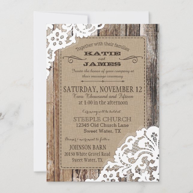 Invitación Country Western Wood Lace Rustic Boda (Anverso)
