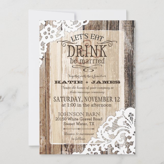 Invitación Country Western Wood Lace Rustic Boda (Anverso)