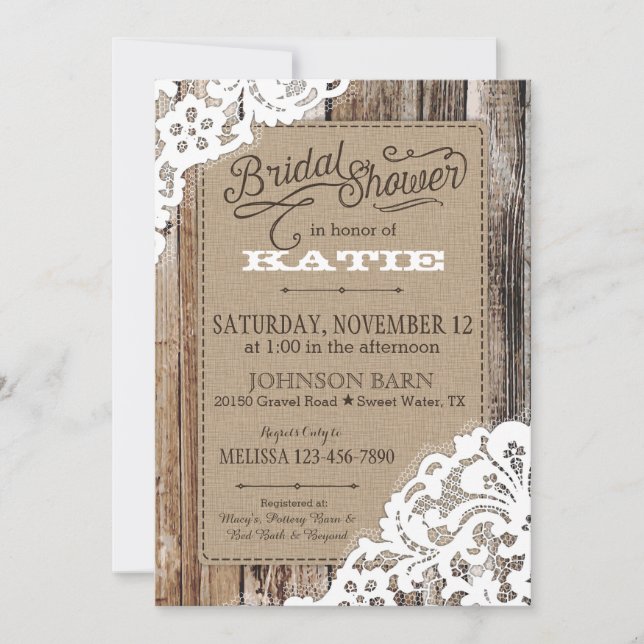 Invitación Country Western Wood Lace Rustic Bridal Shower (Anverso)