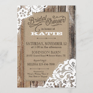 Invitación Country Western Wood Lace Rustic Bridal Shower