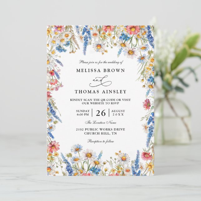 Invitación Country Wildflower Rustic Modern QR Code Wedding (Anverso de pie)