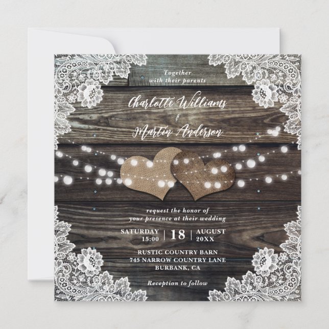 Invitación Country Wood Burlap Hearts Floral Lace Boda (Anverso)