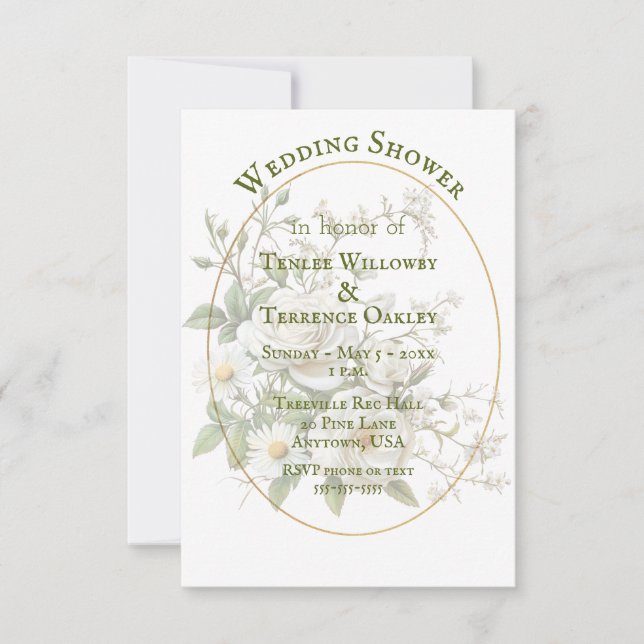 Invitación Couple Wedding Shower White Roses Gold Color Oval (Anverso)