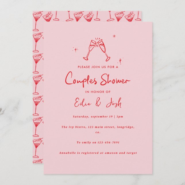 Invitación Couples shower modern pink red elegant handwritten (Anverso / Reverso)